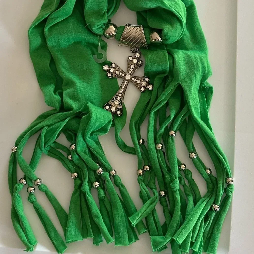 BIG SILVER CROSS GREEN TYE RAG BEADED BELT CLOTH SCARF